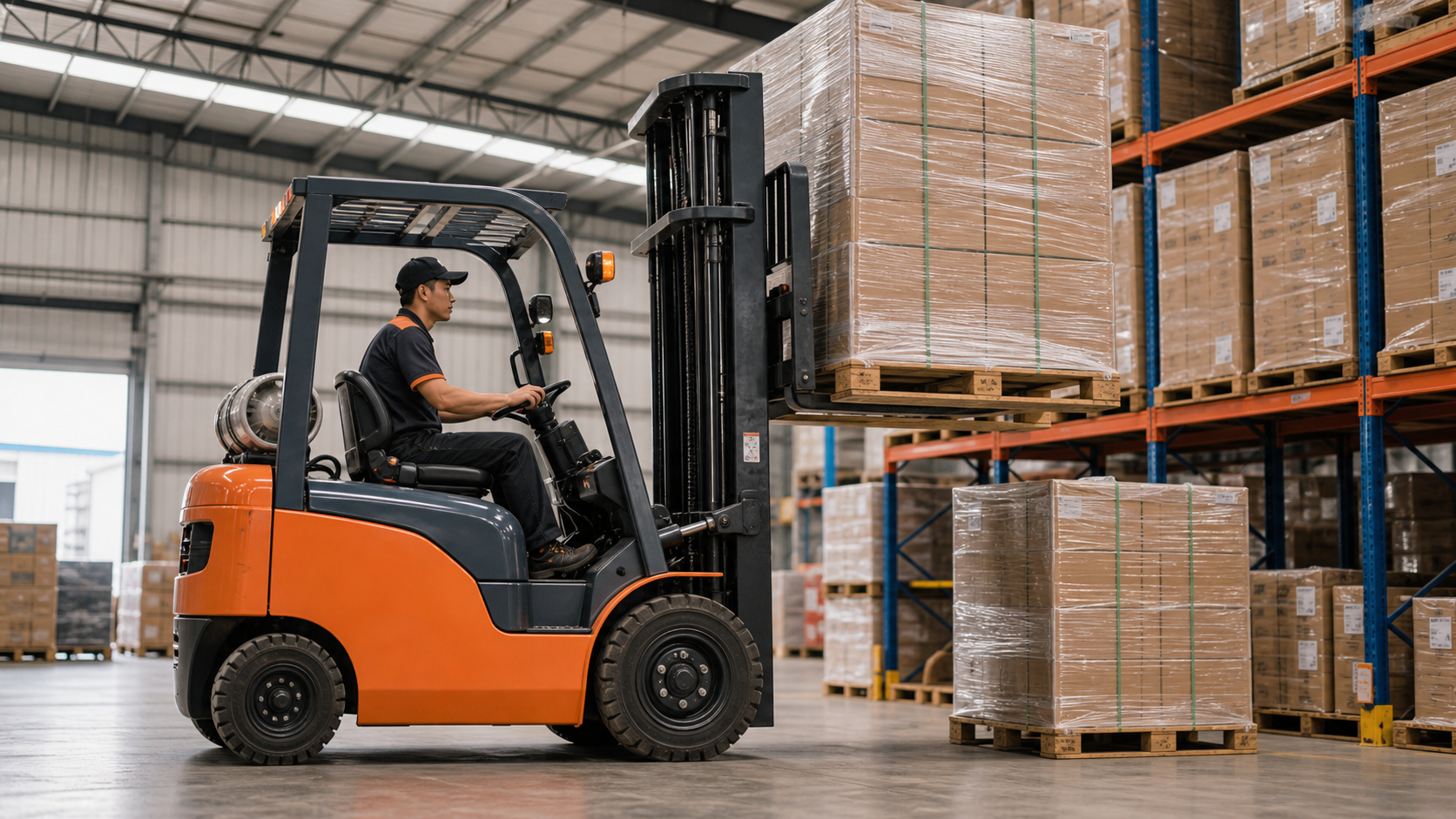 Xe nâng dầu di chuyển giữa kho trong nhà và khu giao nhận ngoài trời