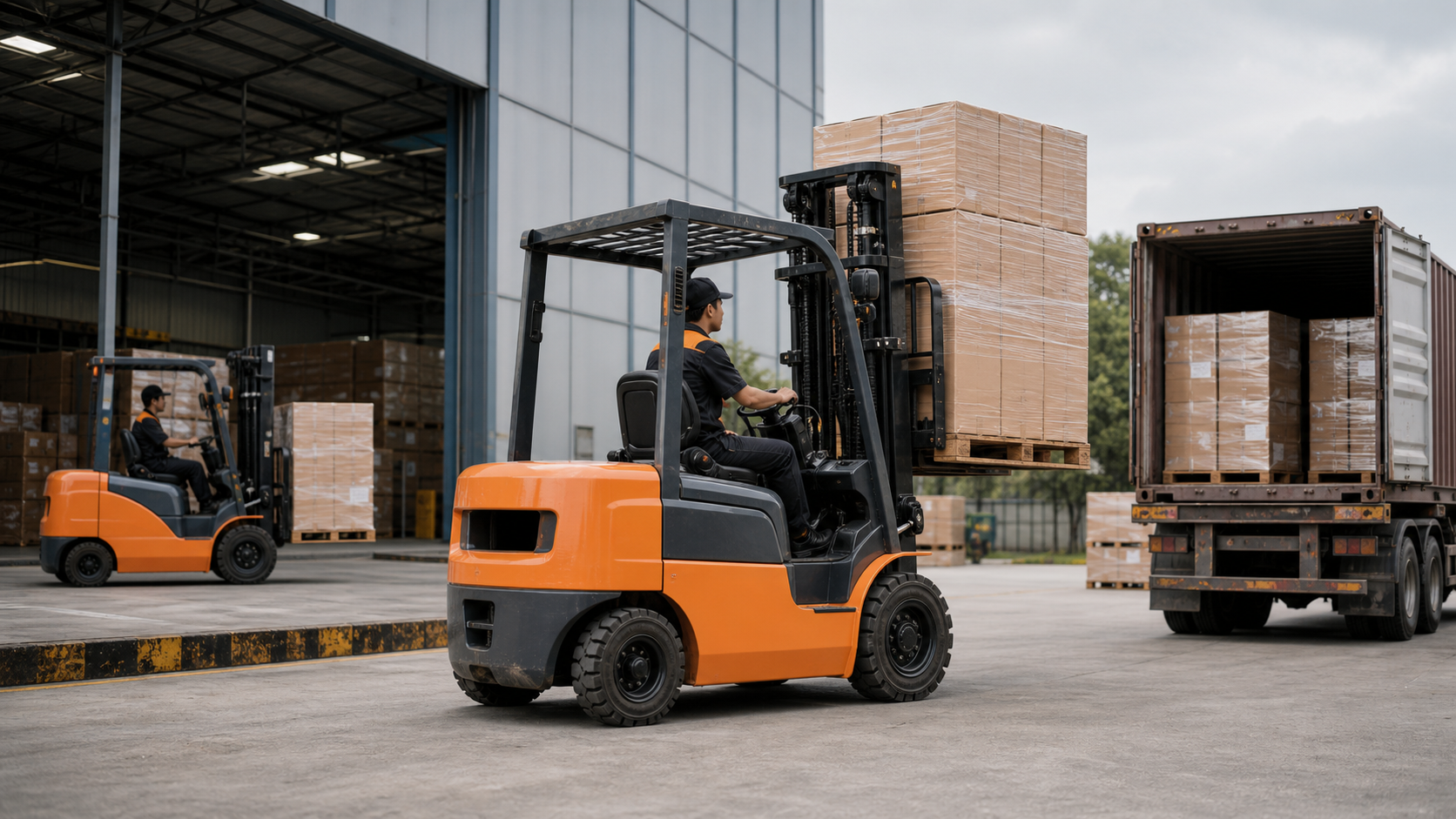 Xe nâng dầu vận hành tại sân bãi cạnh nhà kho