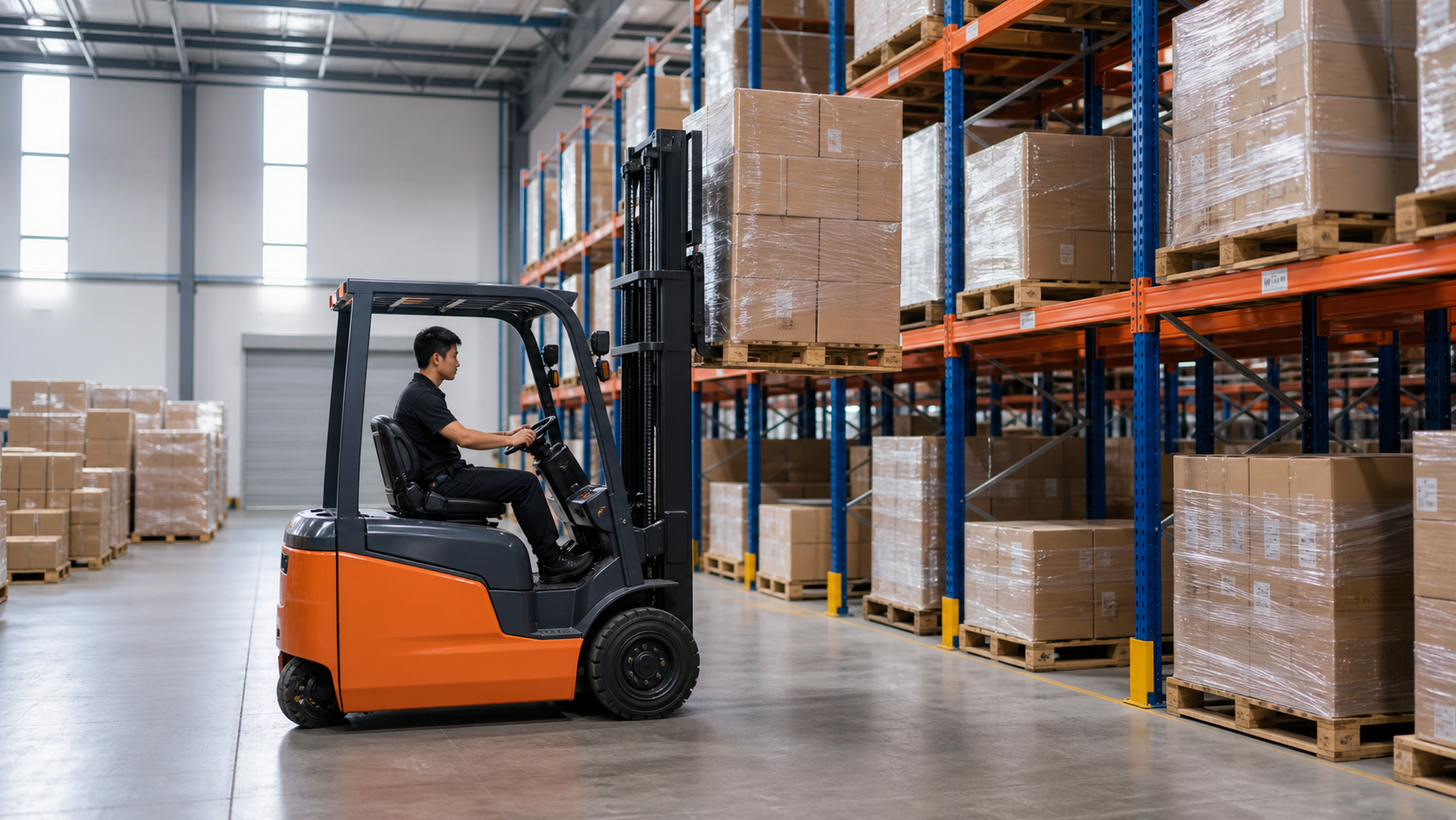 Xe nâng điện 1.5 tấn làm việc trong kho hai ca