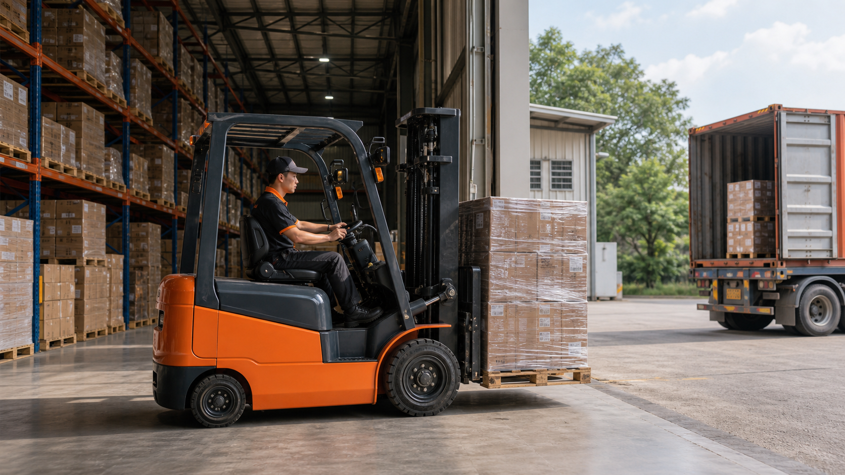 Xe nâng điện trong kho mới setup với kệ hàng và pallet mới