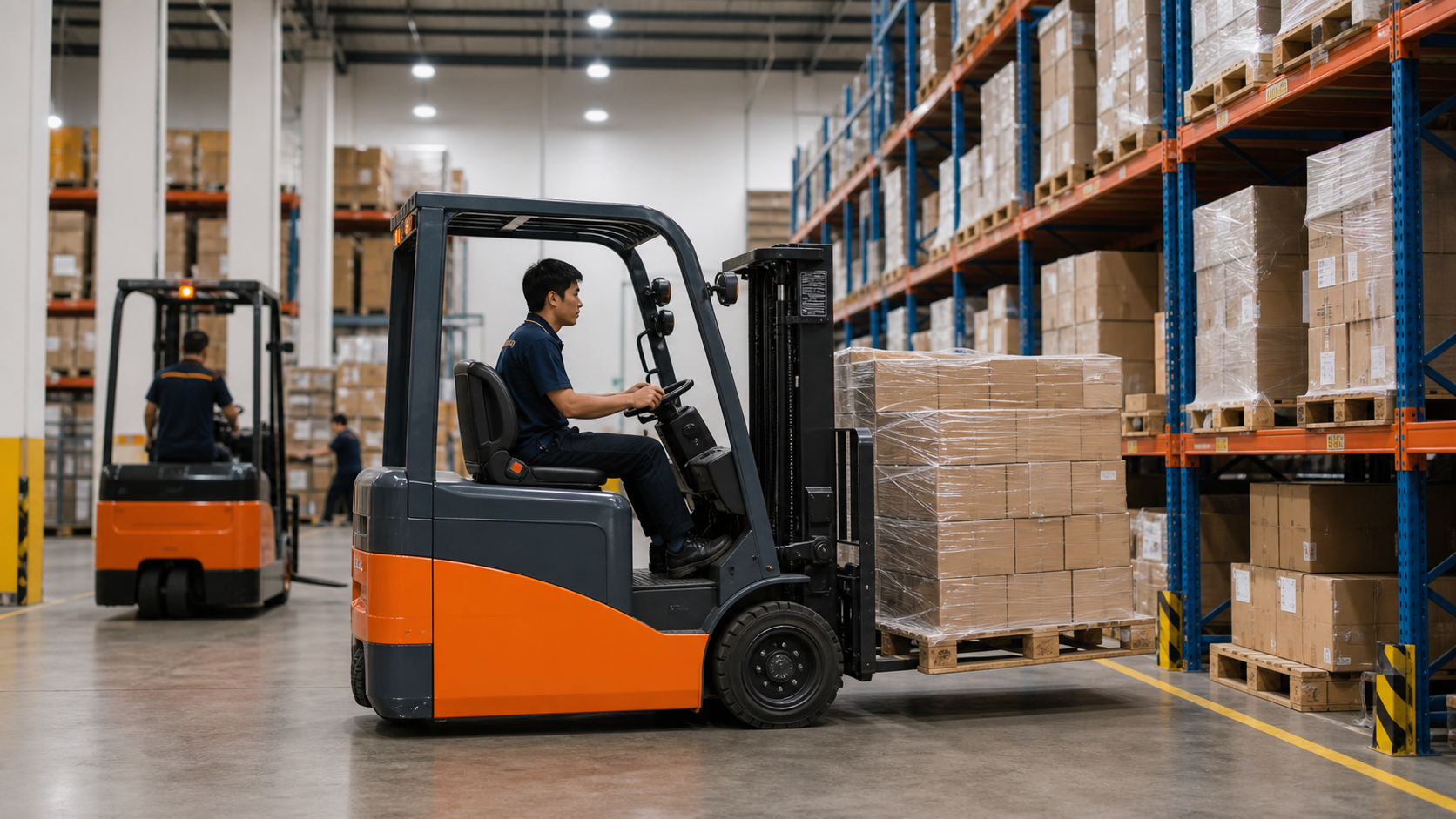 Xe nâng điện vận hành trong kho thực phẩm sạch và sáng