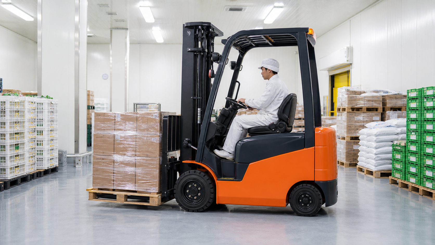 Xe nâng điện cho thuê trong kho chạy ba ca với khu sạc bình