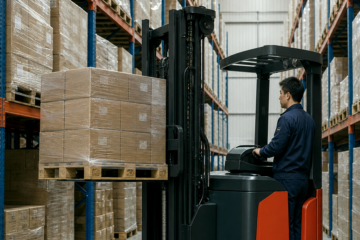 Xe nâng điện chạy trong kho sạch với lối đi hẹp cần bán kính quay hợp lý