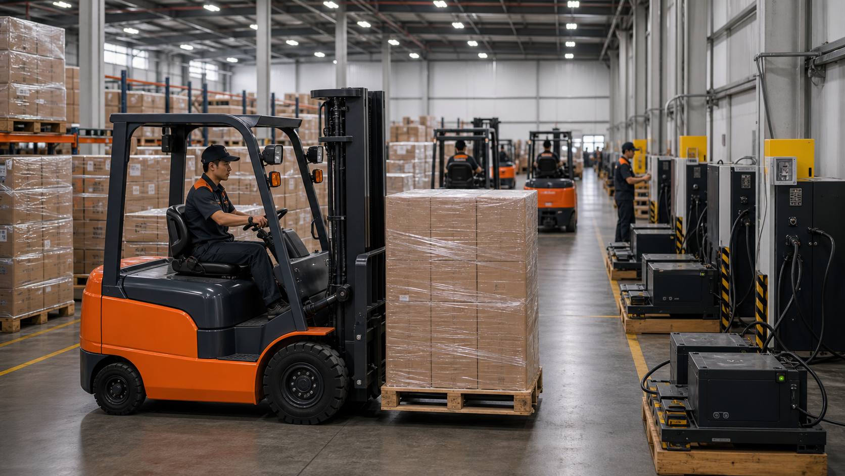 Xe nâng điện xử lý cao điểm hàng hóa trong kho kín