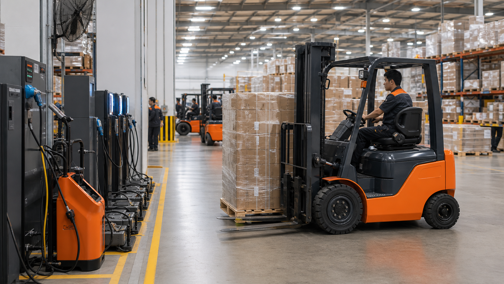 Xe nâng điện di chuyển pallet trong mùa cao điểm logistics