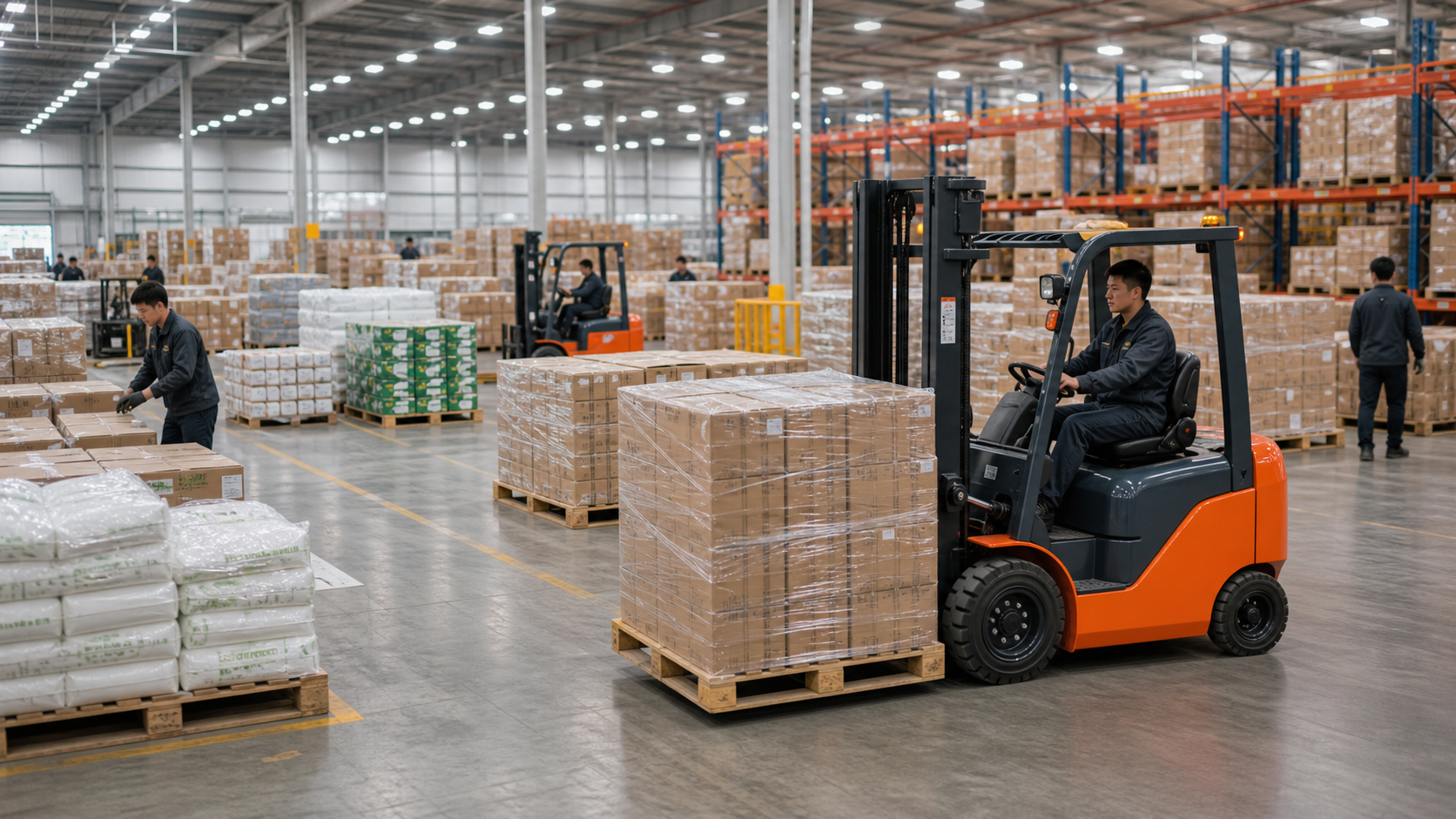 Xe nâng điện xoay trở trong lối đi hẹp giữa các dãy kệ cao