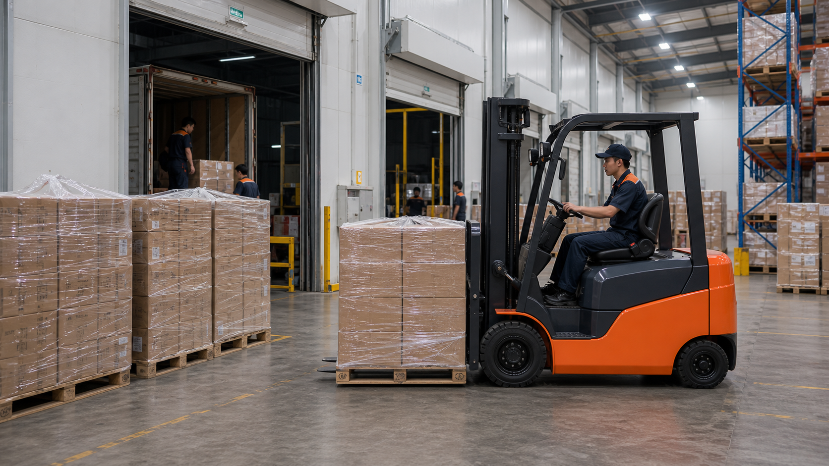 Xe nâng điện nâng pallet lên kệ cao trong kho hẹp