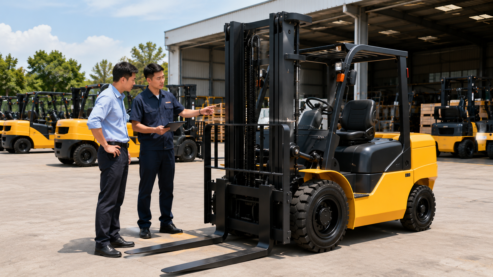 Khách hàng và kỹ thuật viên kiểm tra xe nâng dầu để tham khảo giá và cấu hình phù hợp