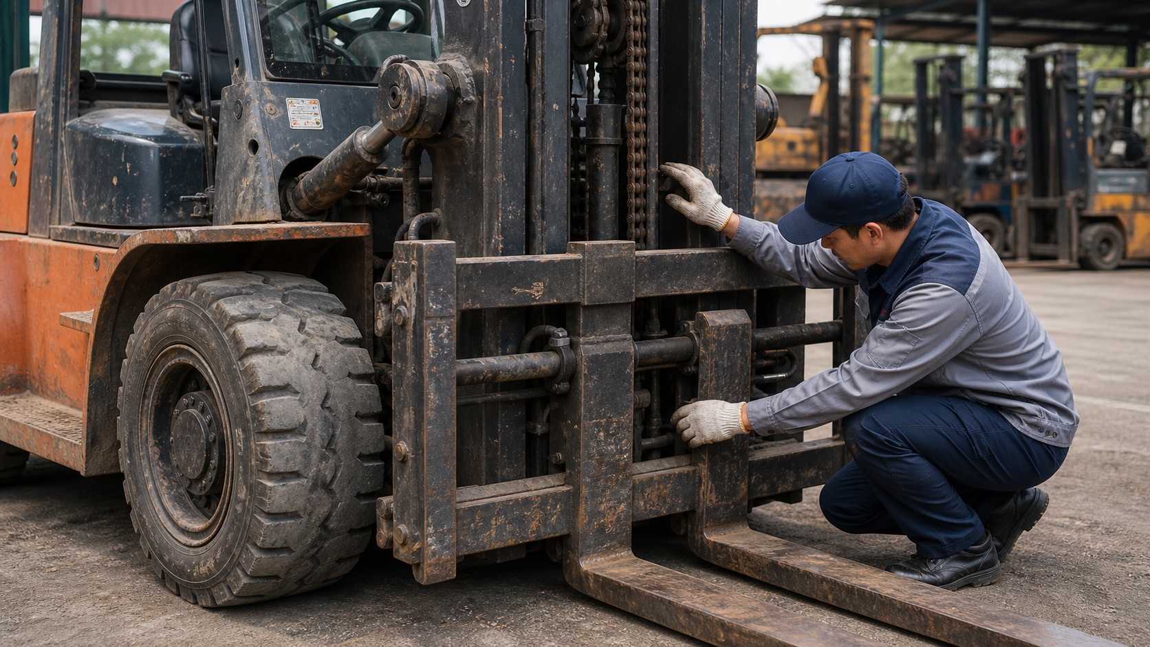Kiểm tra xe nâng dầu 7 tấn cũ tại bãi xe hàng nặng trước khi chốt mua