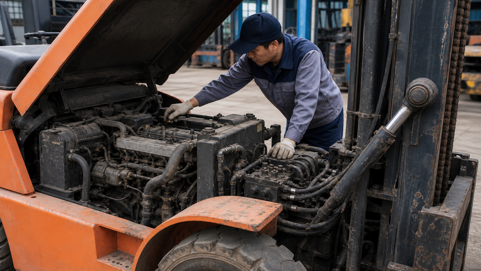 Rà hệ thống thủy lực và cụm nâng hạ của xe nâng dầu 7 tấn đã qua sử dụng