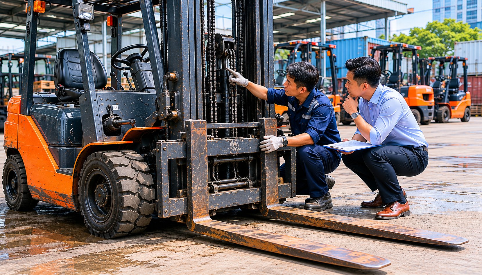 Kỹ thuật viên và người mua kiểm tra xích nâng, cụm carriage và càng nâng của xe nâng dầu cũ.
