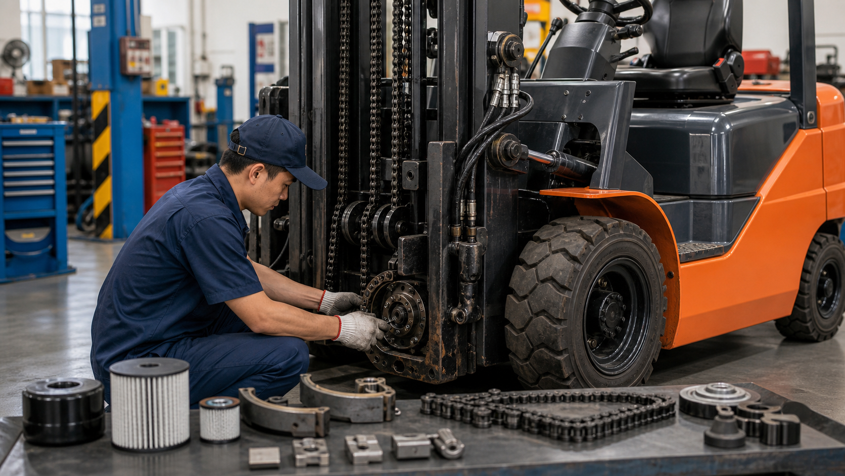 Kiểm tra bánh xe, phanh và chain của xe nâng dầu