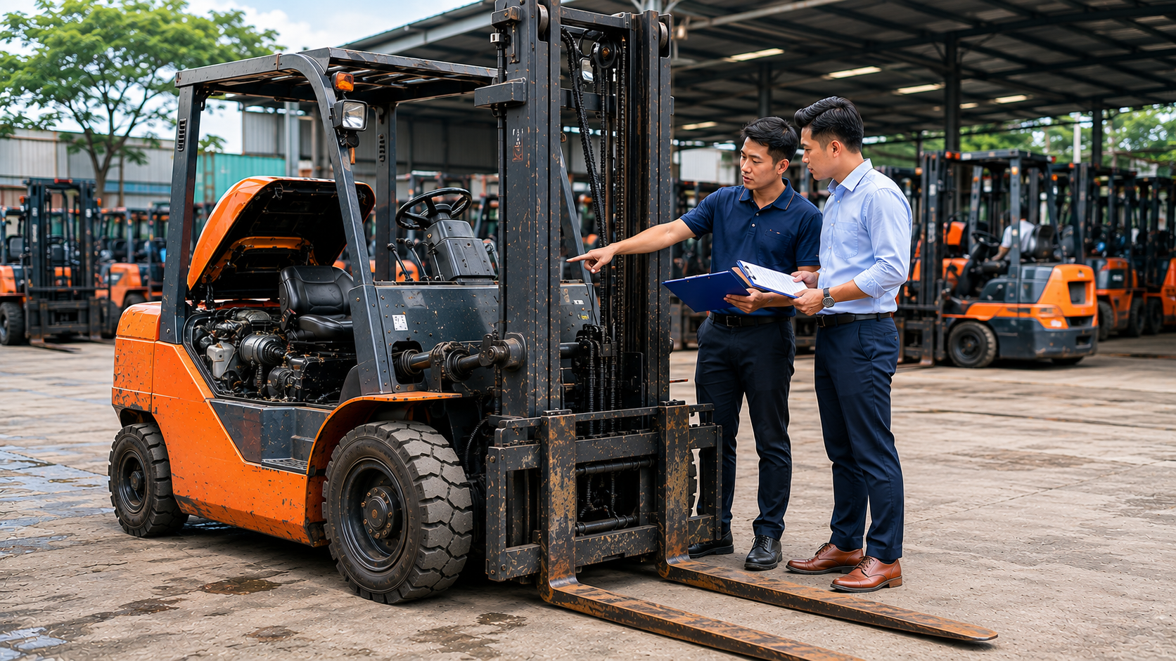 Người mua kiểm tra hồ sơ và xe nâng dầu cũ tại bãi