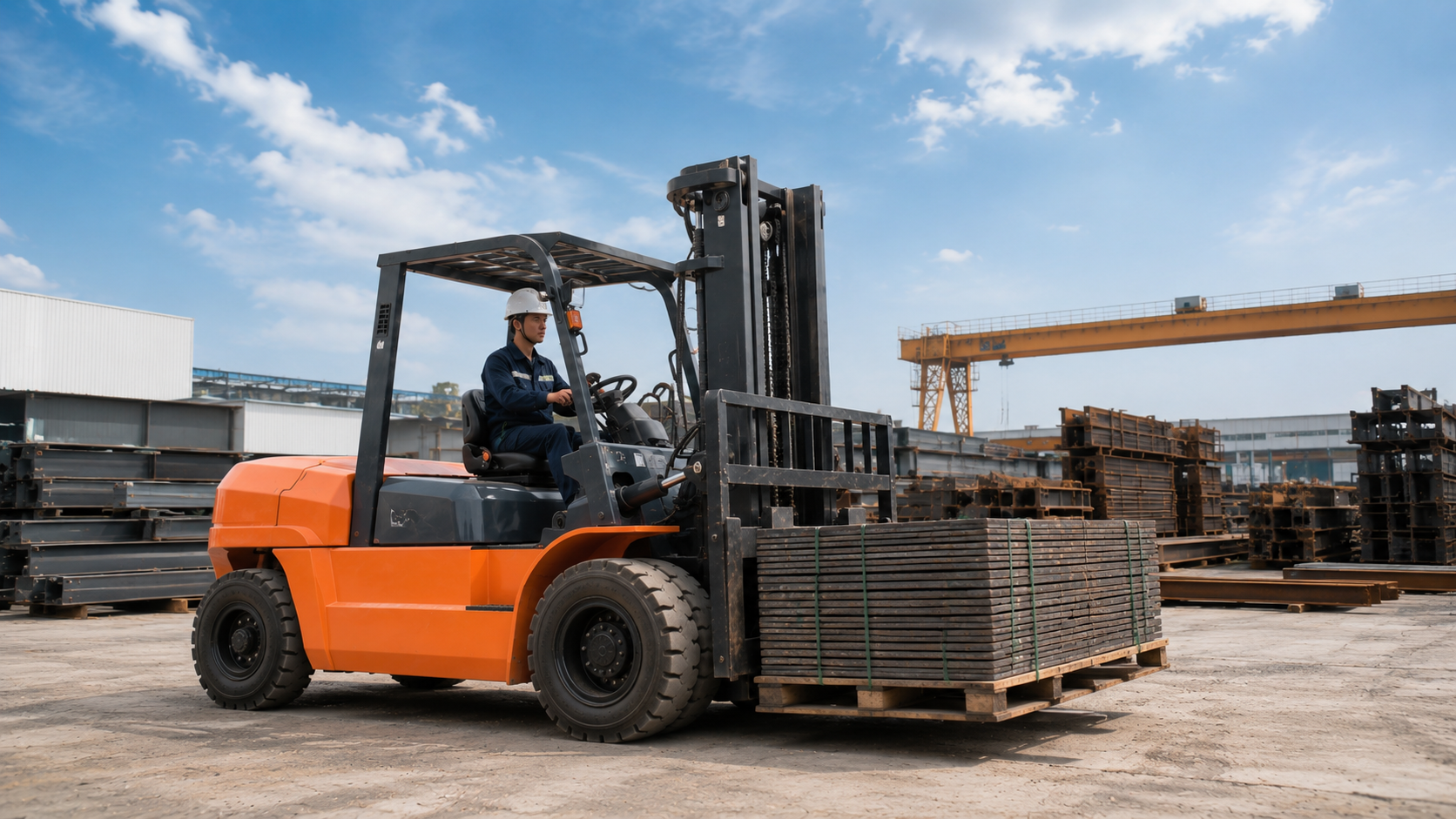 Xe nâng dầu 5 tấn làm việc cường độ cao trong bãi công nghiệp ngoài trời