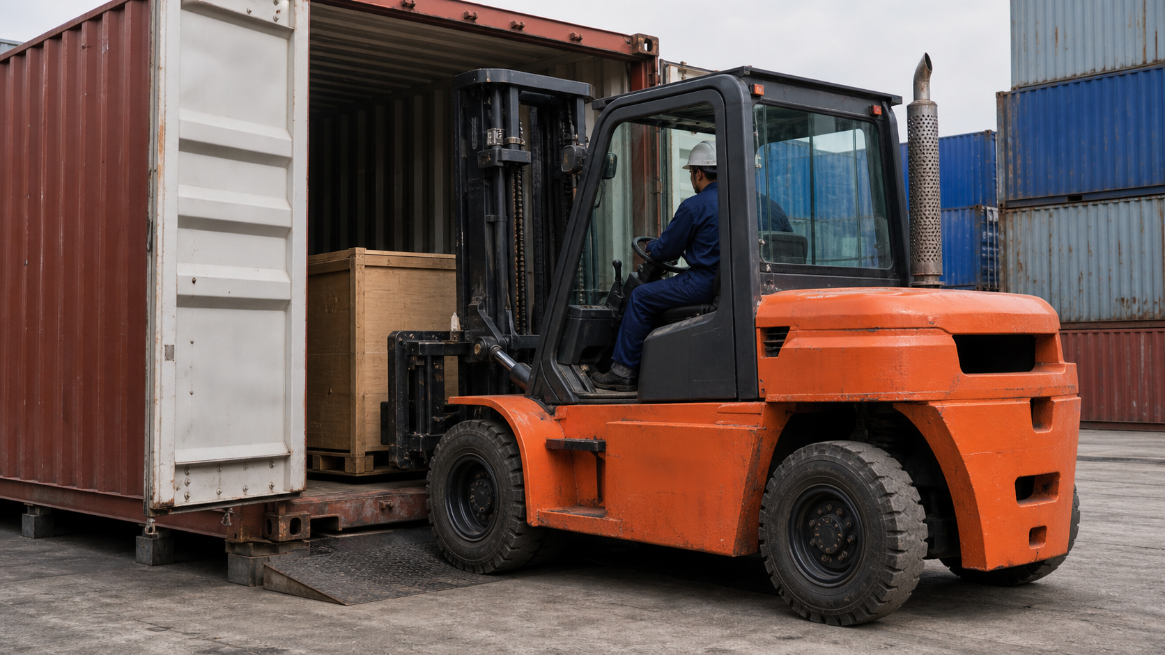 Xe nâng dầu 7 tấn làm việc tại bãi hàng khi cân nhắc nhu cầu container