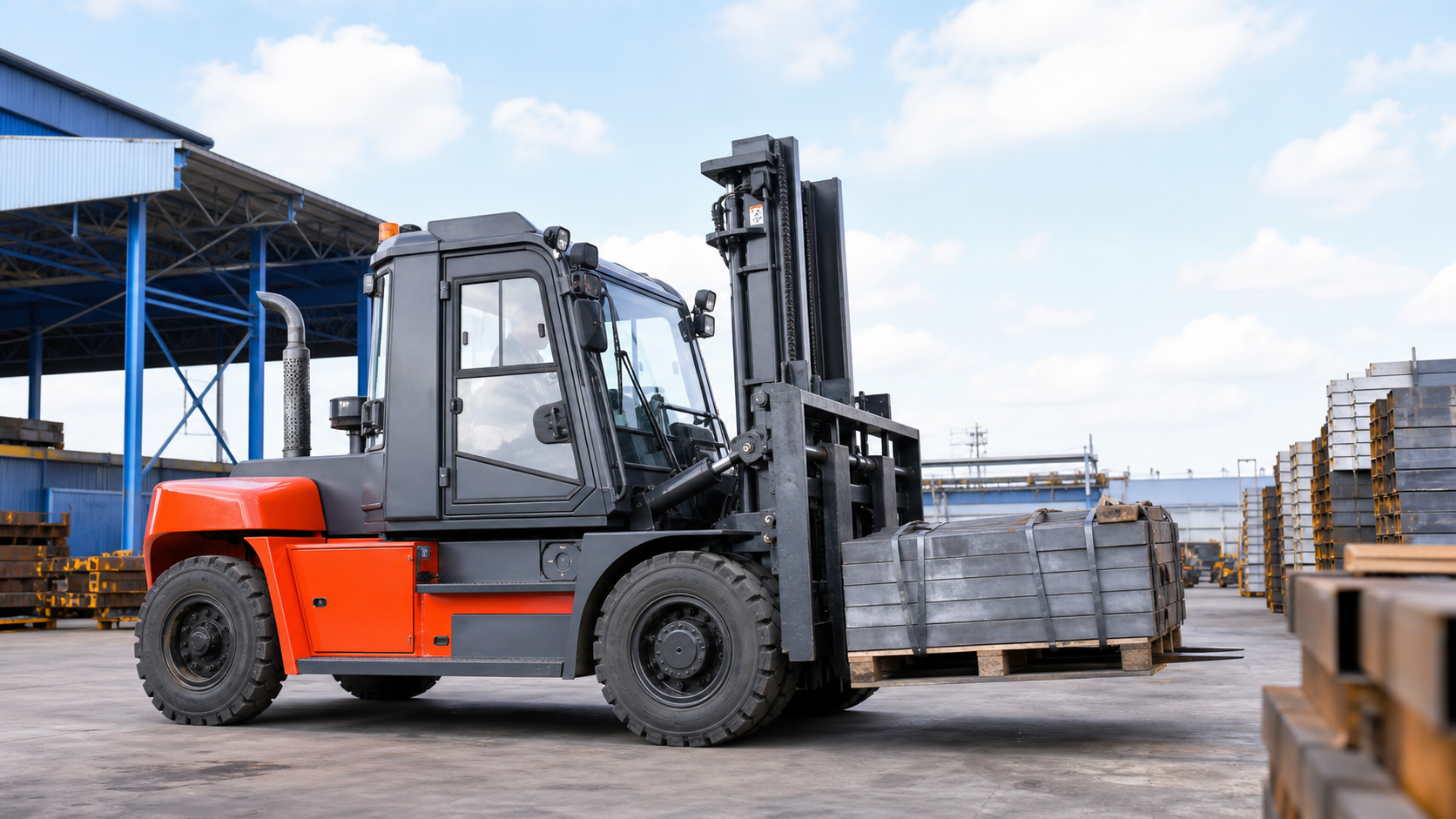 Xe nâng dầu 7 tấn làm việc ngoài trời trong bãi hàng công nghiệp nặng