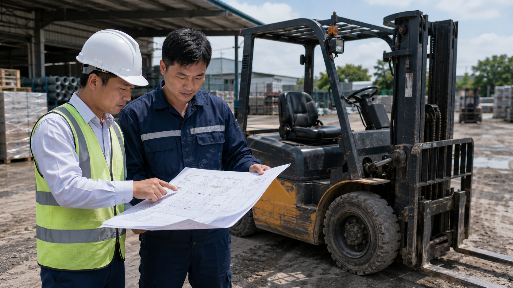 Quản lý kho và kỹ thuật viên kiểm tra điều kiện chọn xe nâng cho sân bãi ngoài trời