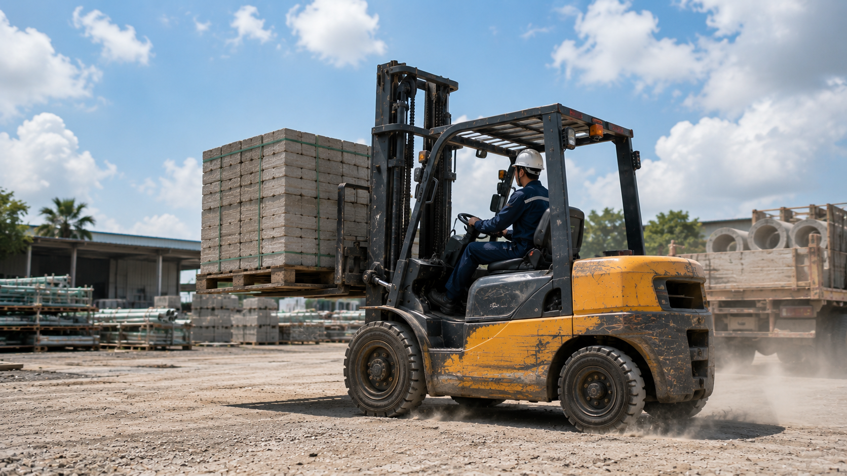 Xe nâng dầu 3 tấn làm việc trên sân bãi ngoài trời
