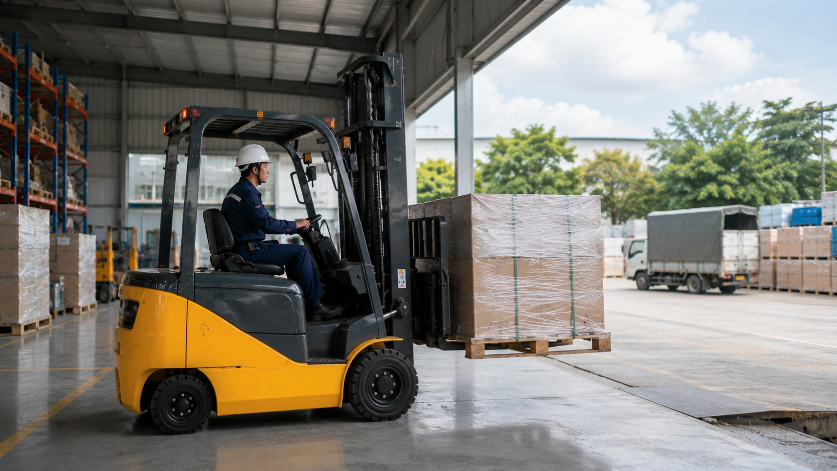 Xe nâng điện làm việc ở khu giao nhận bán ngoài trời có mái che