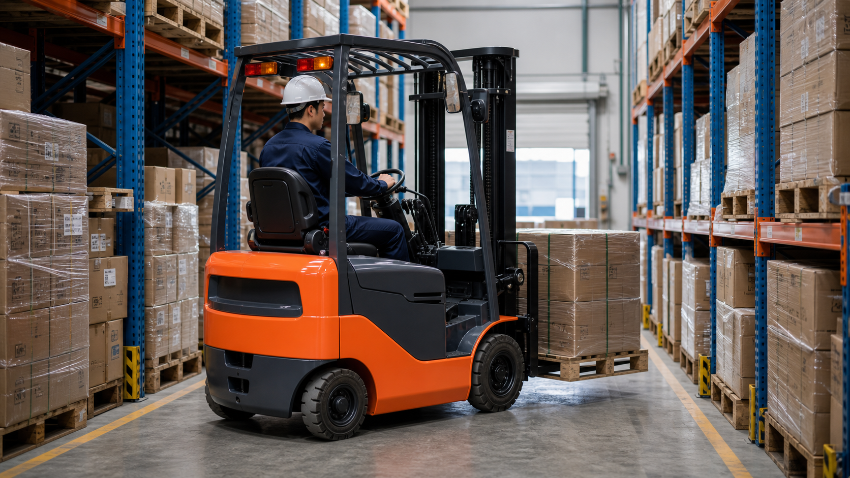 Xe nâng điện 1.5 tấn làm việc trong lối đi kho trong nhà