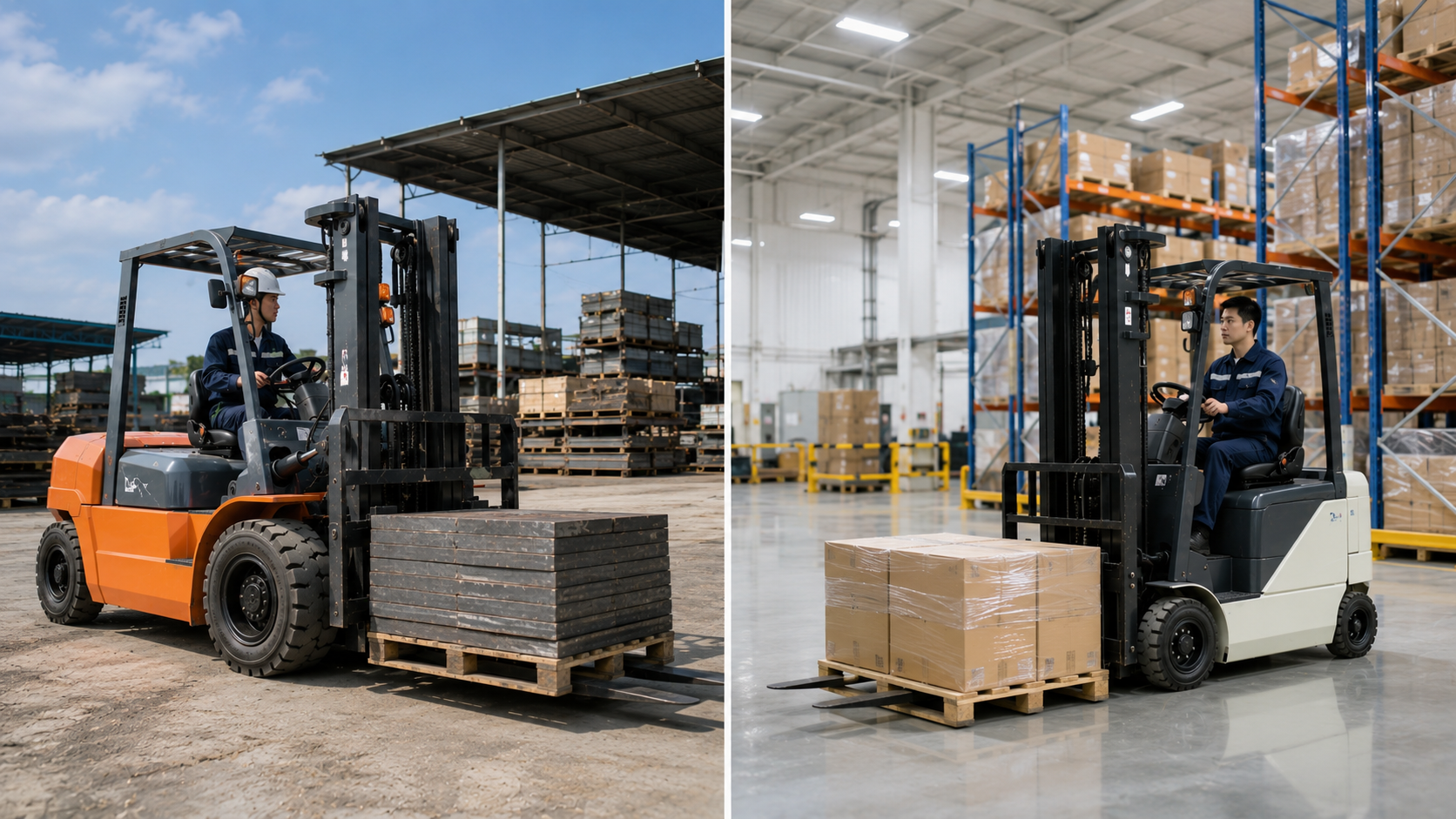 Người mua đang so sánh các lựa chọn xe nâng giá rẻ trong bãi xe công nghiệp