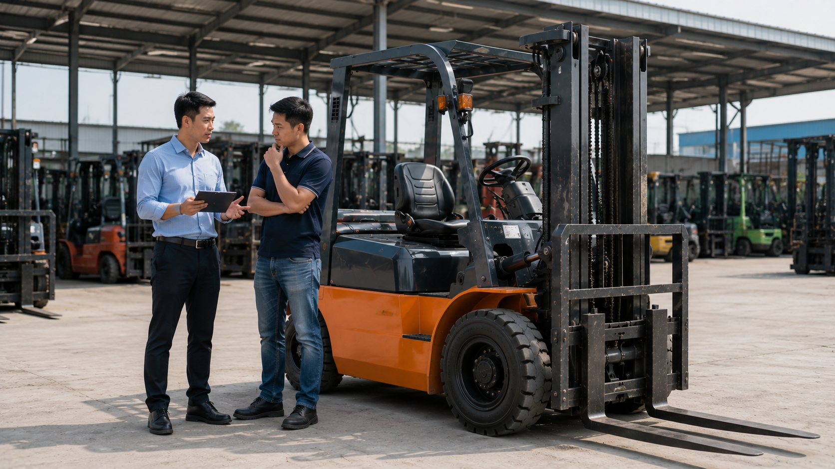 Kỹ thuật viên kiểm tra xe nâng giá rẻ trước khi chốt mua