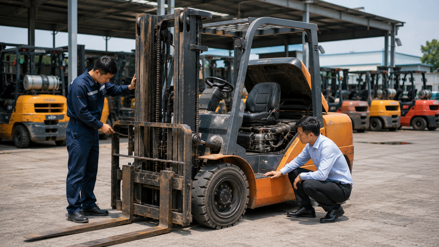 Kiem tra xe nang cu truoc khi mua tai bai xe