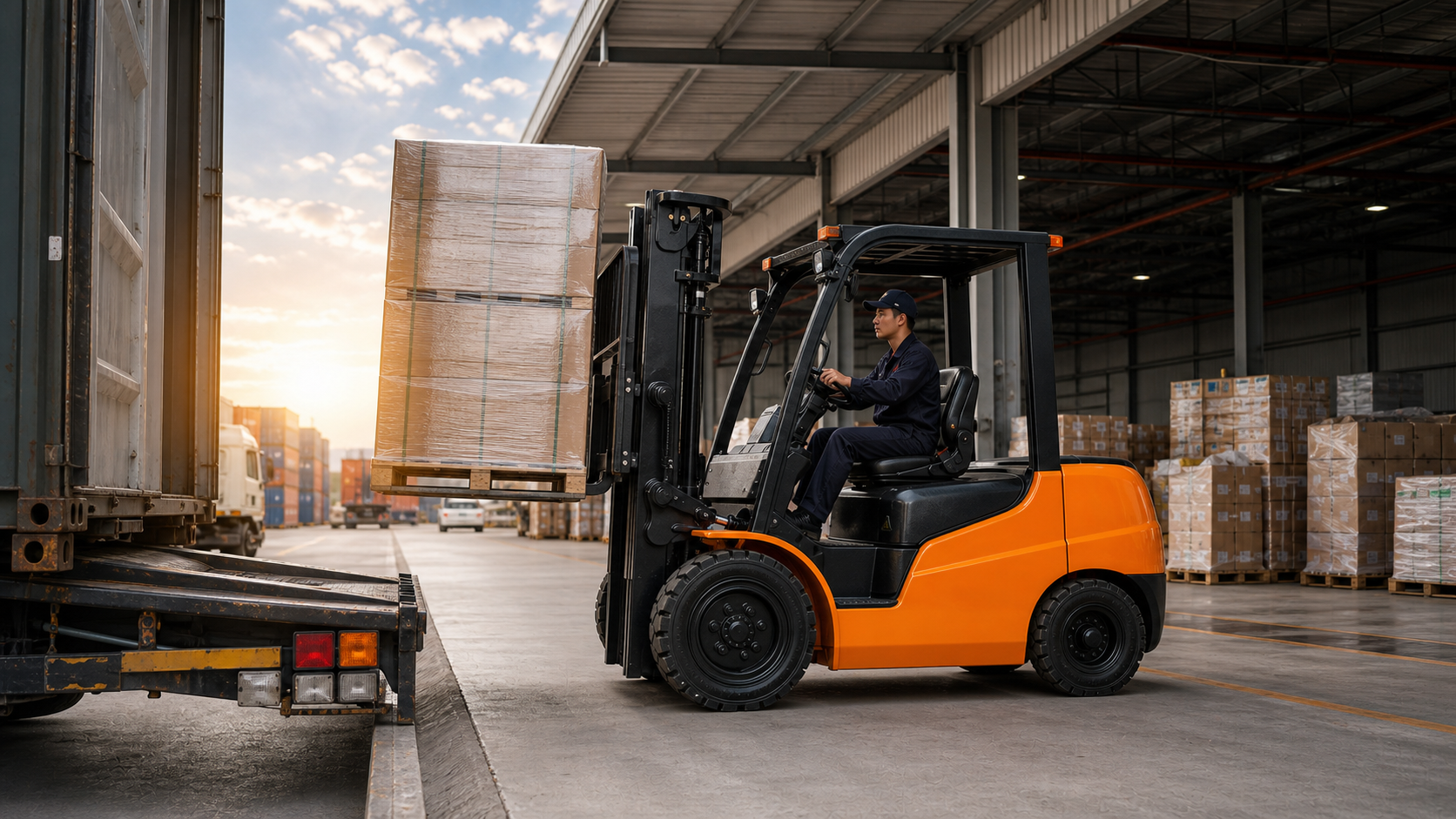Xe nâng dầu MGA 2.5 tấn vận hành tại khu kho và xe container
