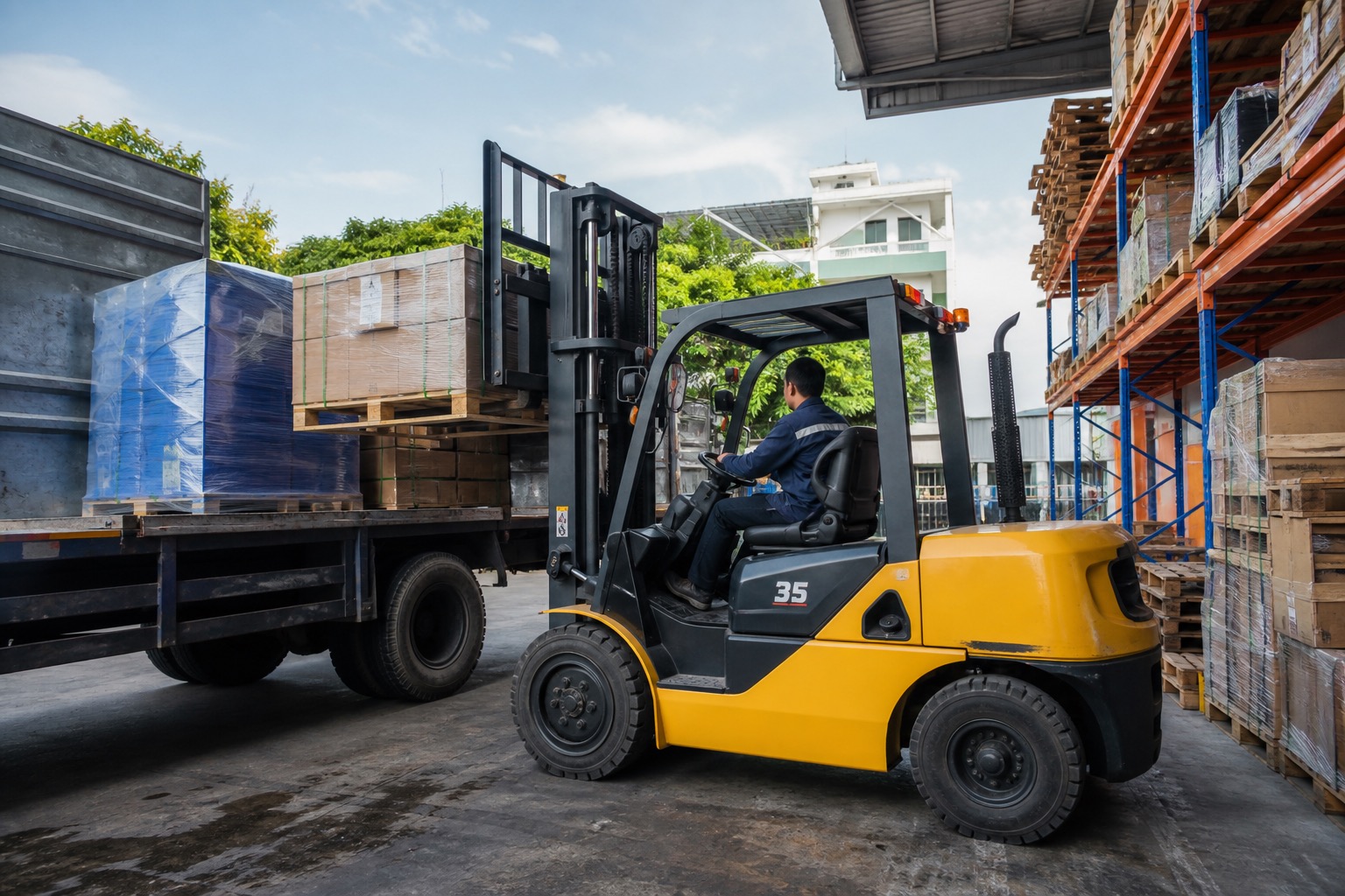 Xe nâng dầu cho thuê đang bốc dỡ pallet hàng nặng tại bãi ngoài trời ở TPHCM