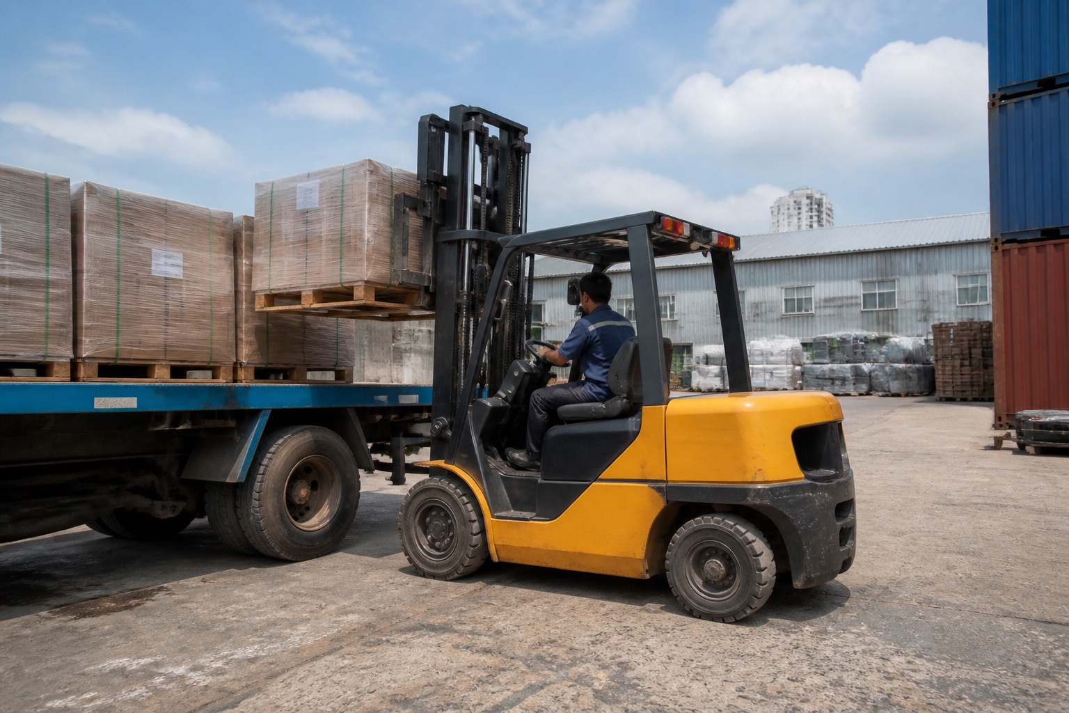 Xe nâng dầu 3.5 tấn làm việc tại khu vực bốc dỡ hàng ngoài trời