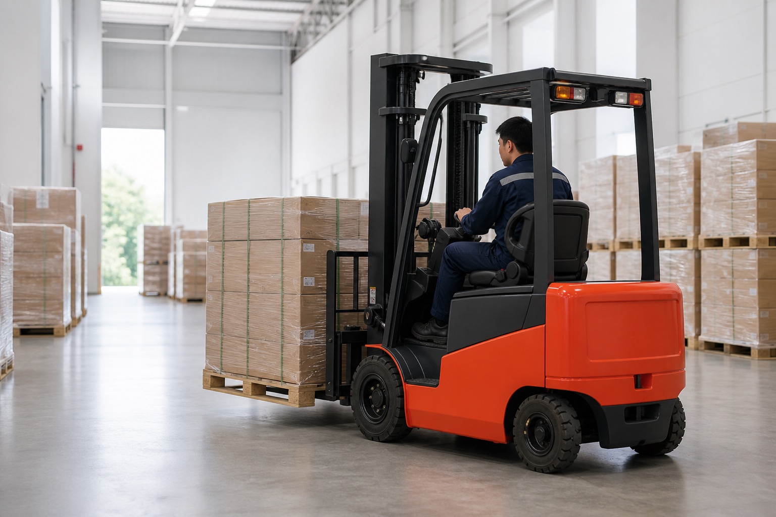 Xe nâng điện đứng lái di chuyển trong lối đi hẹp của kho hàng