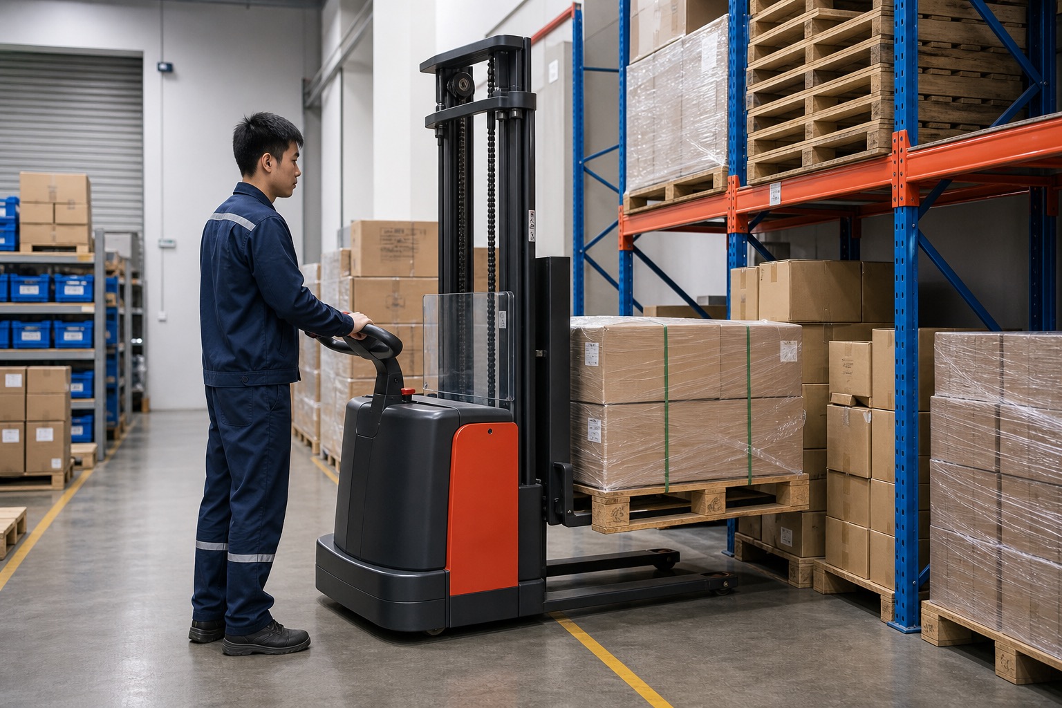 Xe nâng điện và stacker xử lý pallet trong kho nhỏ