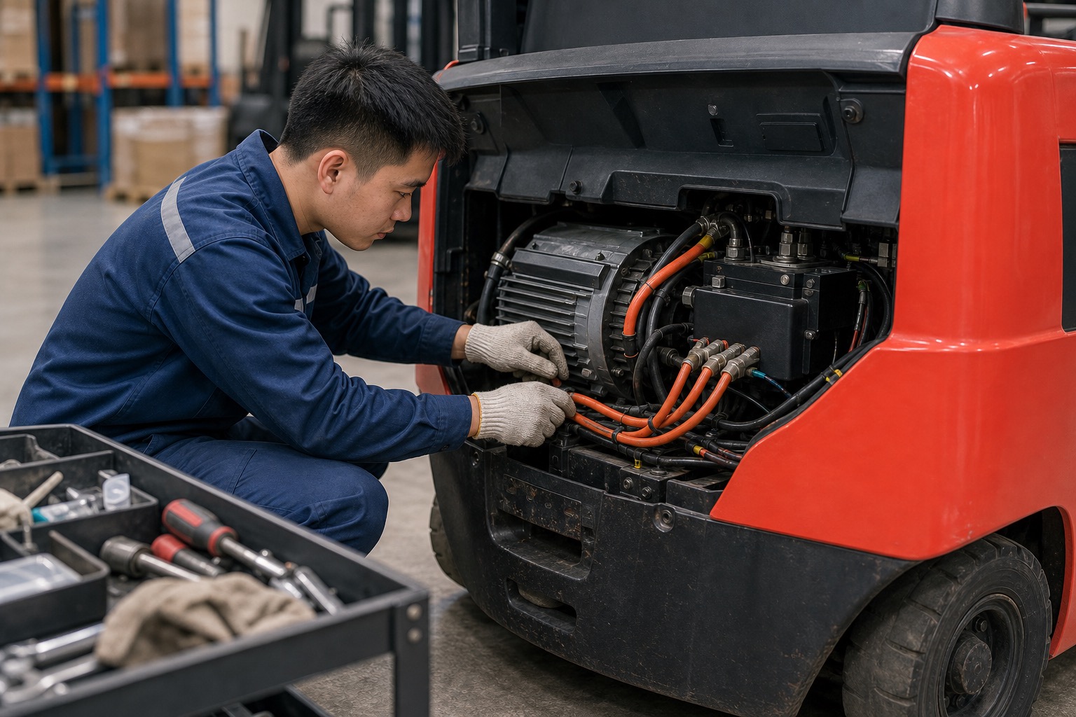 Kỹ thuật viên đo kiểm bộ sạc và bình điện xe nâng